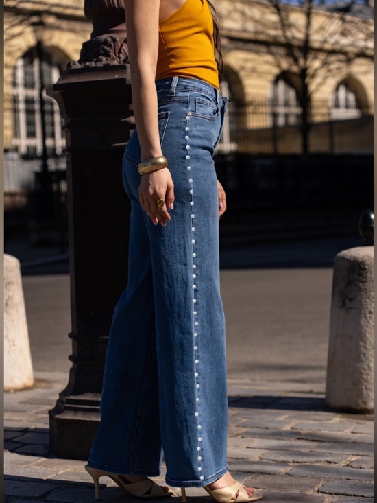 FROM PARIS FRANCE 🇫🇷 Blue Wide-Leg Jeans with Pearl Details - Picture 2 of 3